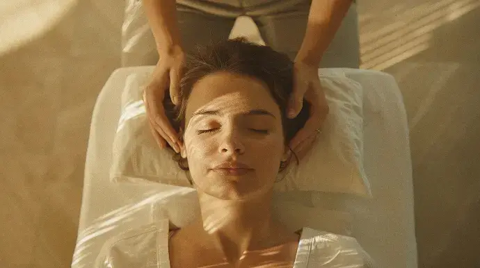 Frau entspannt bei einer Kopfmassage