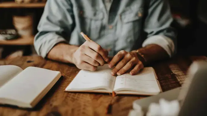 Person schreibt in ein Journal